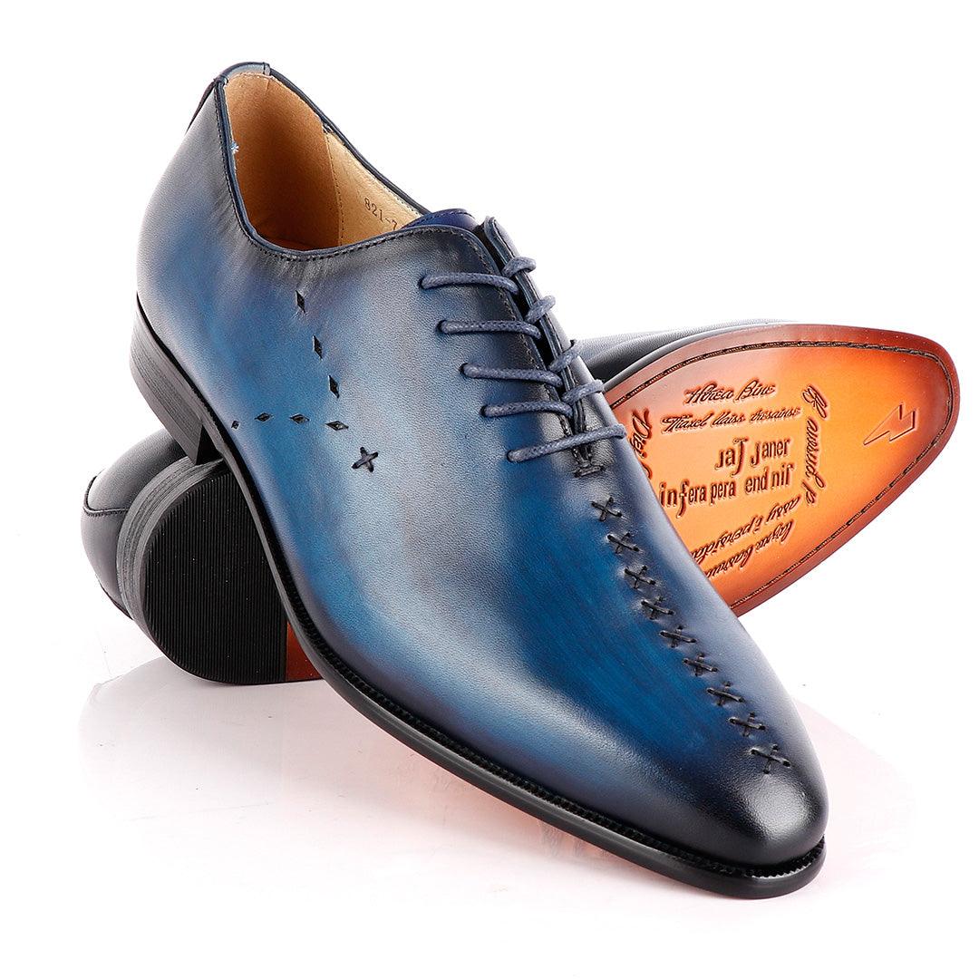 Jat Janer Plain Stiches Laceup Blue Brogue Shoe - Obeezi