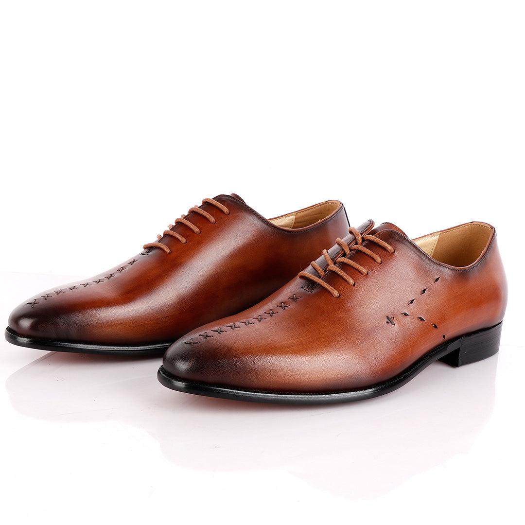 Jat Janer Plain Stiches Laceup Brown Brogue Shoe - Obeezi