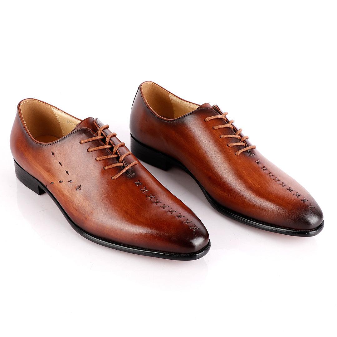 Jat Janer Plain Stiches Laceup Brown Brogue Shoe - Obeezi