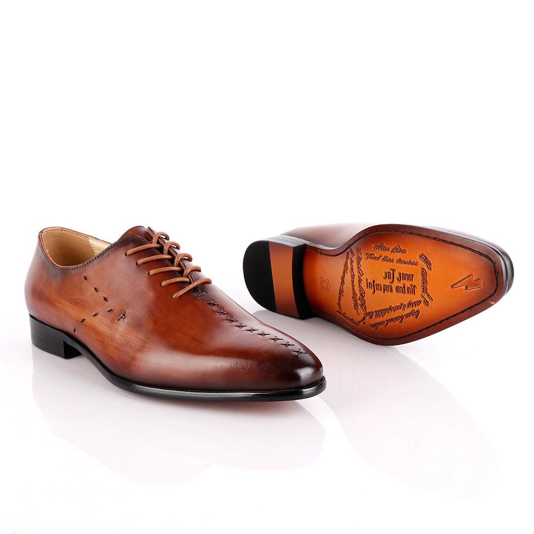 Jat Janer Plain Stiches Laceup Brown Brogue Shoe - Obeezi
