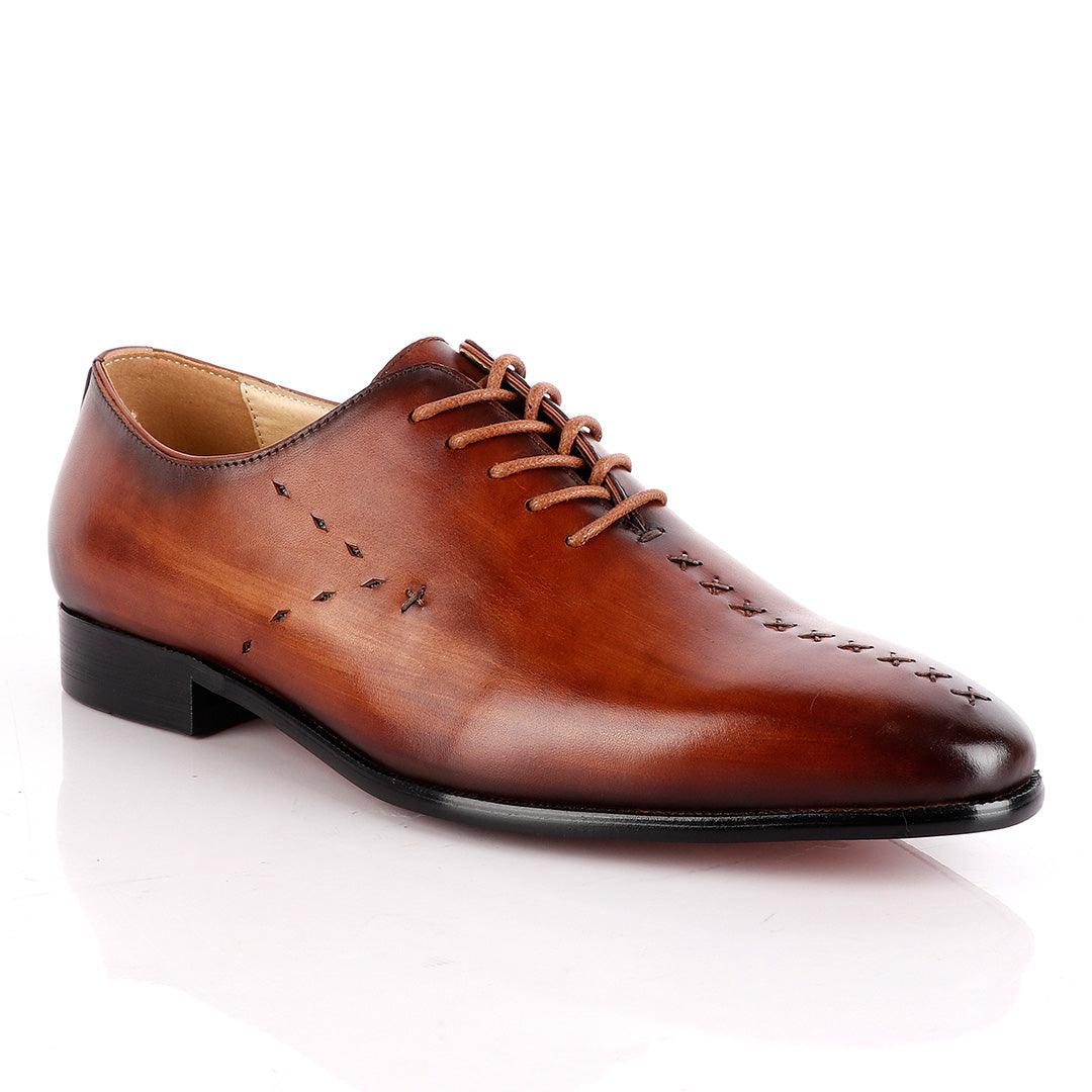 Jat Janer Plain Stiches Laceup Brown Brogue Shoe - Obeezi