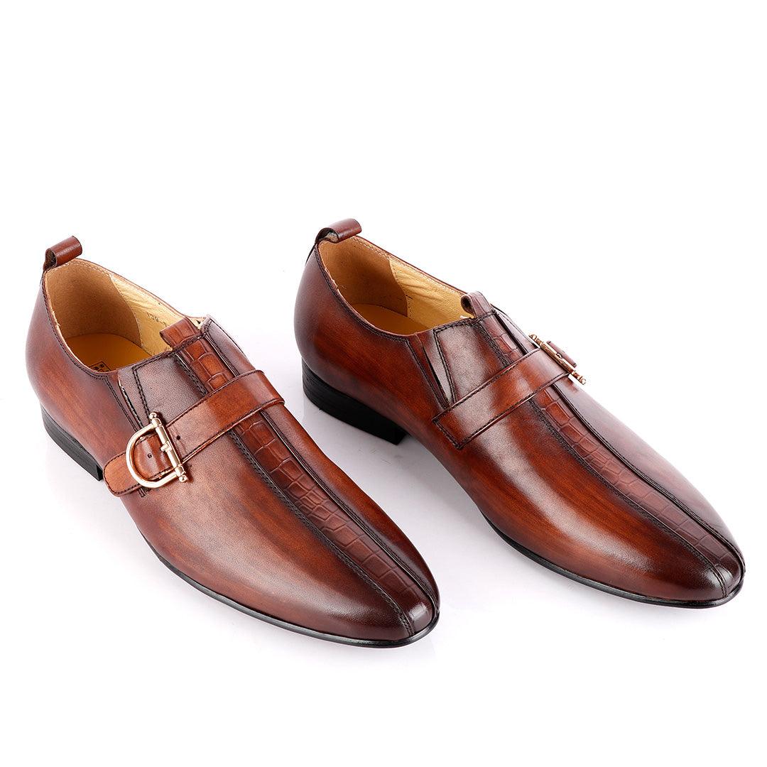 John Foster All round Coffee Leather Shoe With Strap - Obeezi
