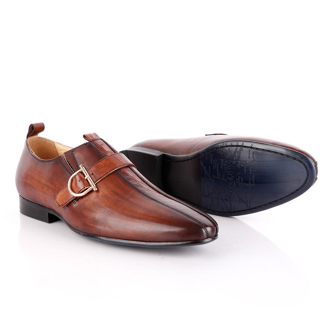John Foster All round Coffee Leather Shoe With Strap - Obeezi