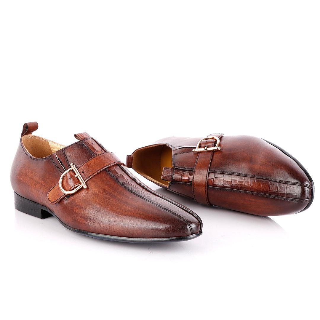 John Foster All round Coffee Leather Shoe With Strap - Obeezi
