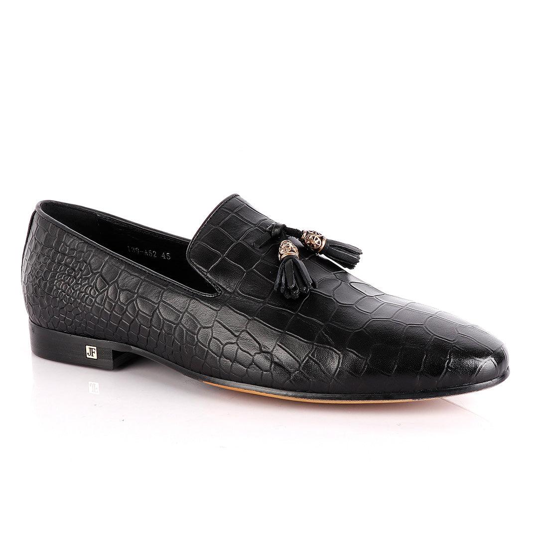 John Foster All round Croc Black Leather Tassel shoe - Obeezi