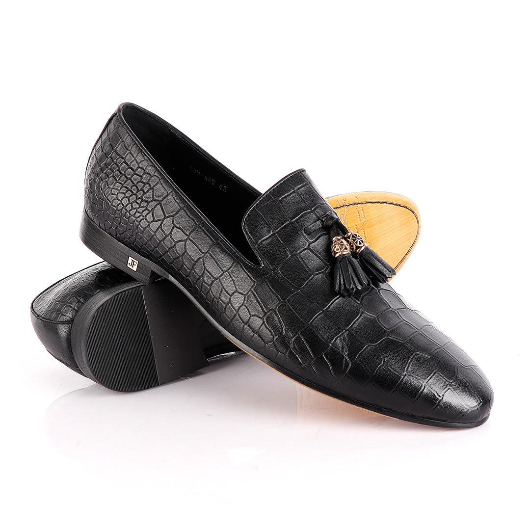 John Foster All round Croc Black Leather Tassel shoe - Obeezi