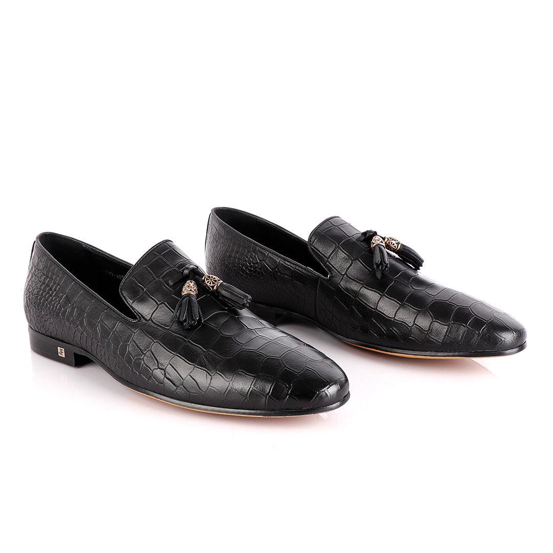 John Foster All round Croc Black Leather Tassel shoe - Obeezi