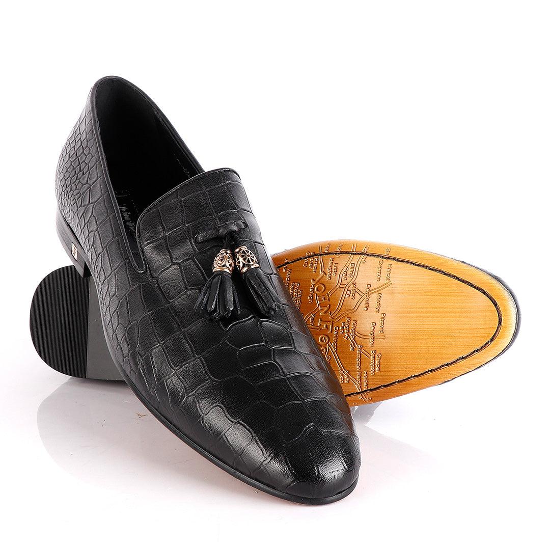 John Foster All round Croc Black Leather Tassel shoe - Obeezi