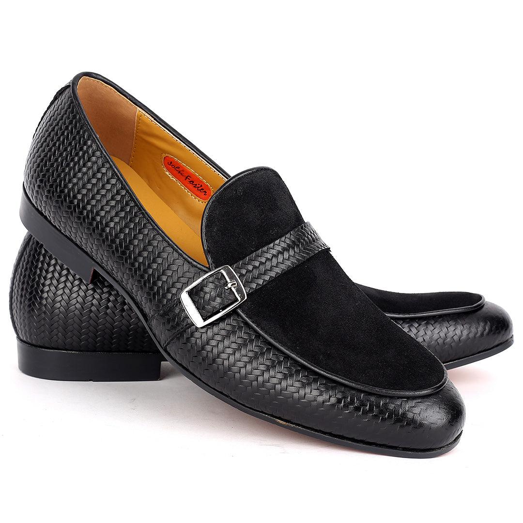 John Foster All Round Woven Leather Half Suede Single Belt Buckle-Black - Obeezi.com
