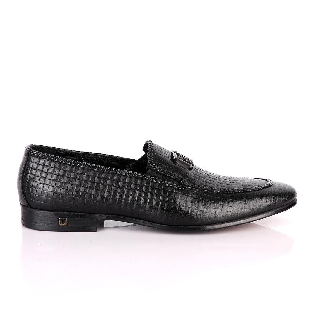 John Foster As Woven Black Leather Formal Shoe - Obeezi