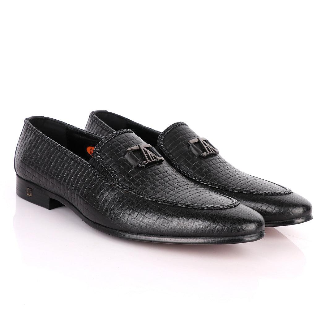 John Foster As Woven Black Leather Formal Shoe - Obeezi