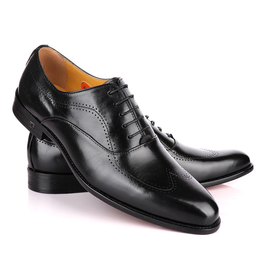 John Foster Black Derby Lace Up Brogues Shoes - Obeezi