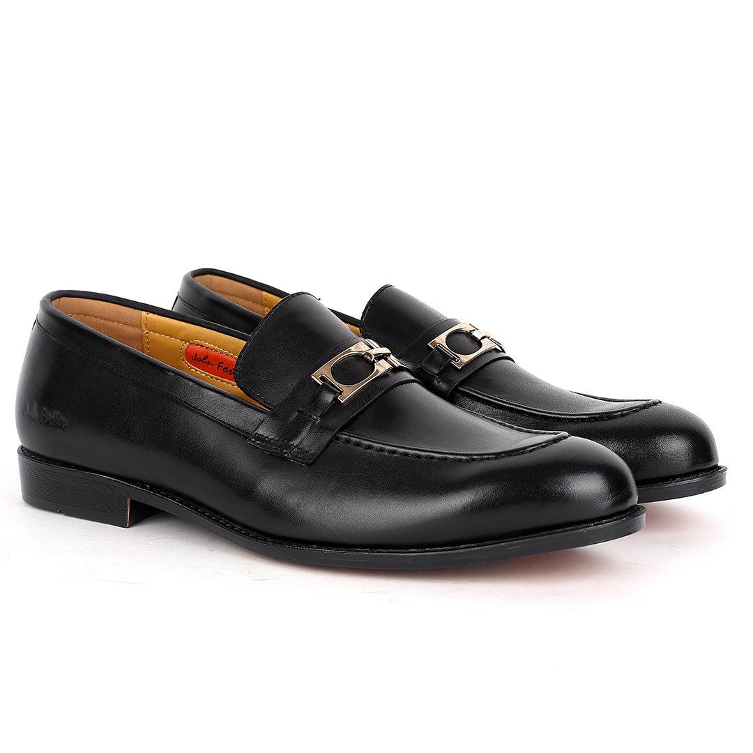John Foster Black Leather logo Belt Formal Shoe - Obeezi.com