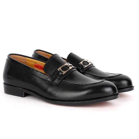 John Foster Black Leather logo Belt Formal Shoe - Obeezi.com