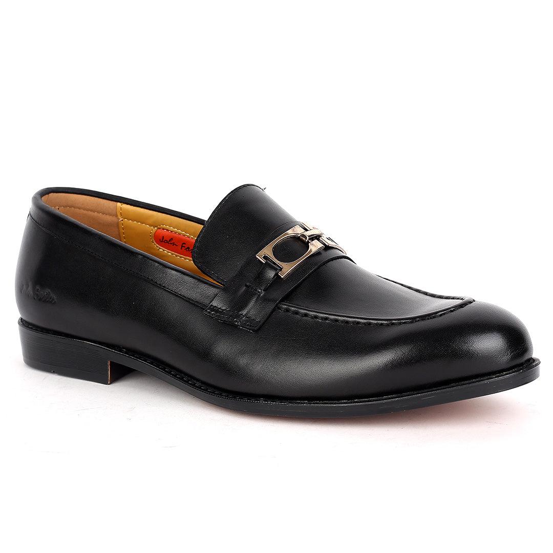 John Foster Black Leather logo Belt Formal Shoe - Obeezi.com
