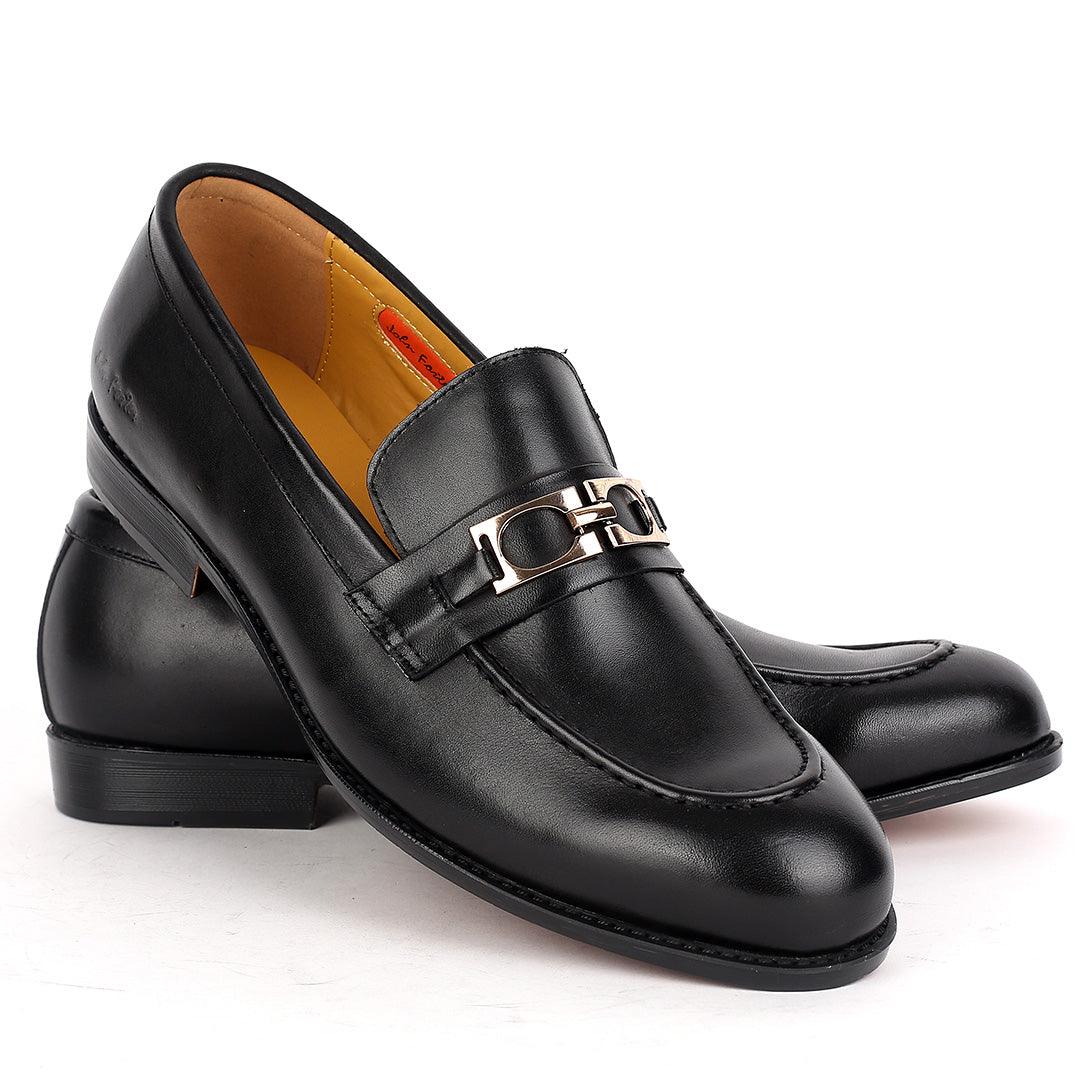 John Foster Black Leather logo Belt Formal Shoe - Obeezi.com