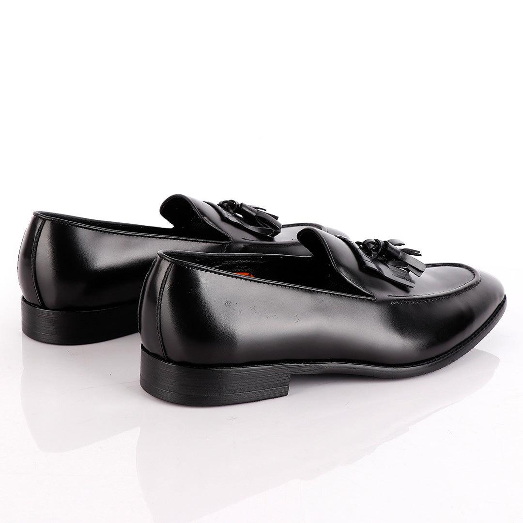John Foster Black Leather Slip on Mocassin with Tassels - Obeezi