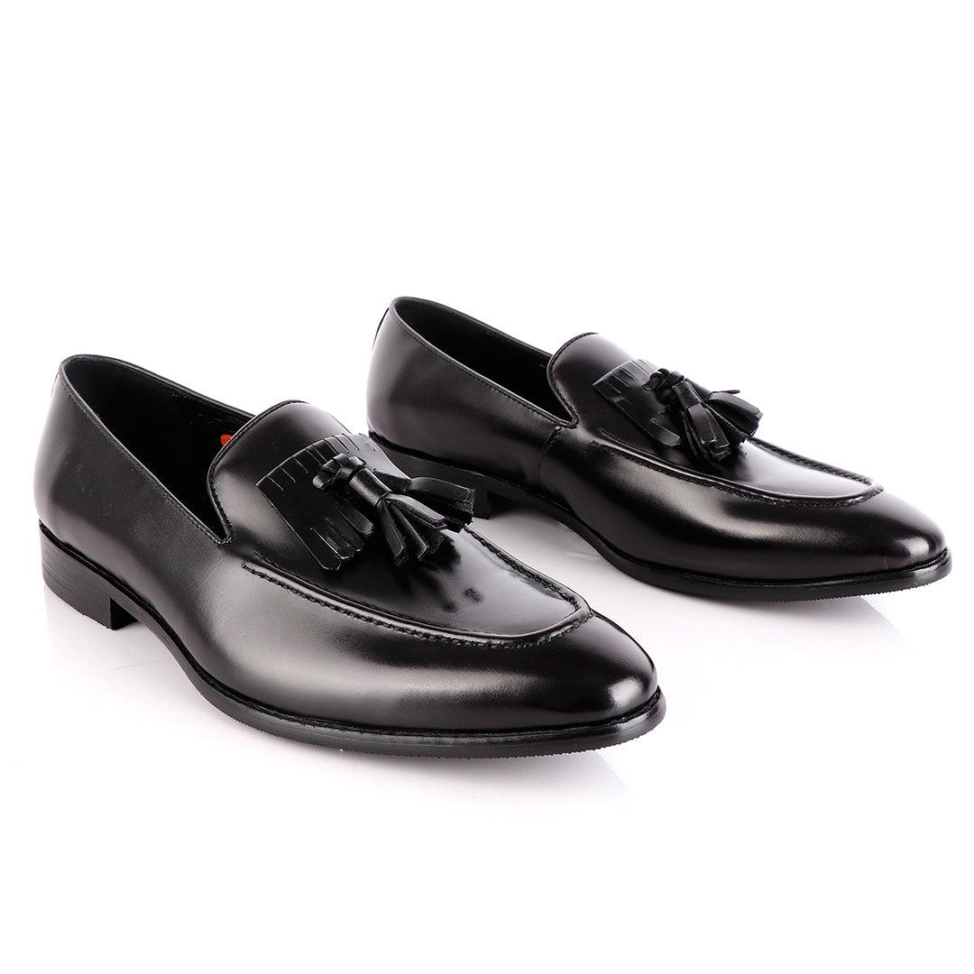 John Foster Black Leather Slip on Mocassin with Tassels - Obeezi