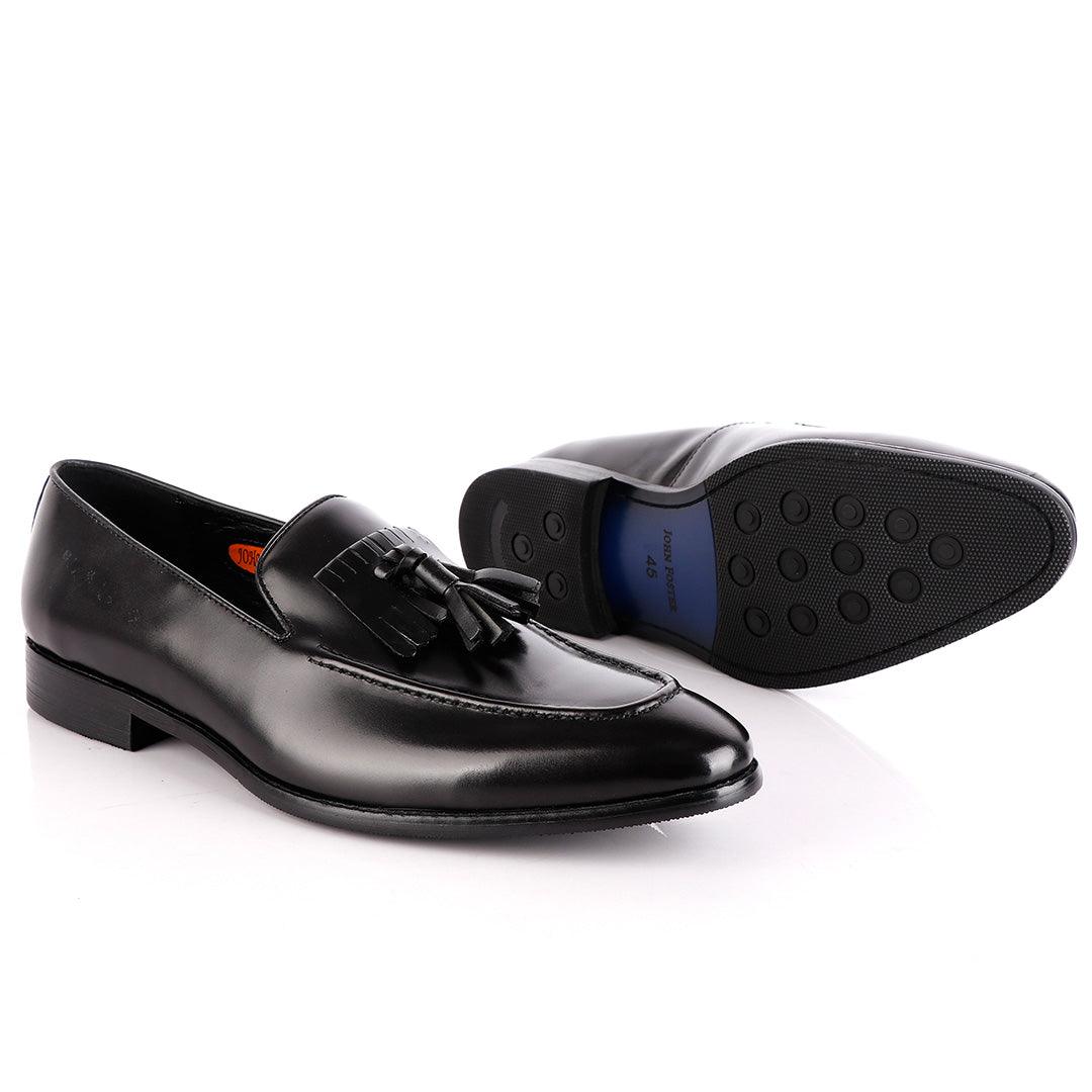 John Foster Black Leather Slip on Mocassin with Tassels - Obeezi