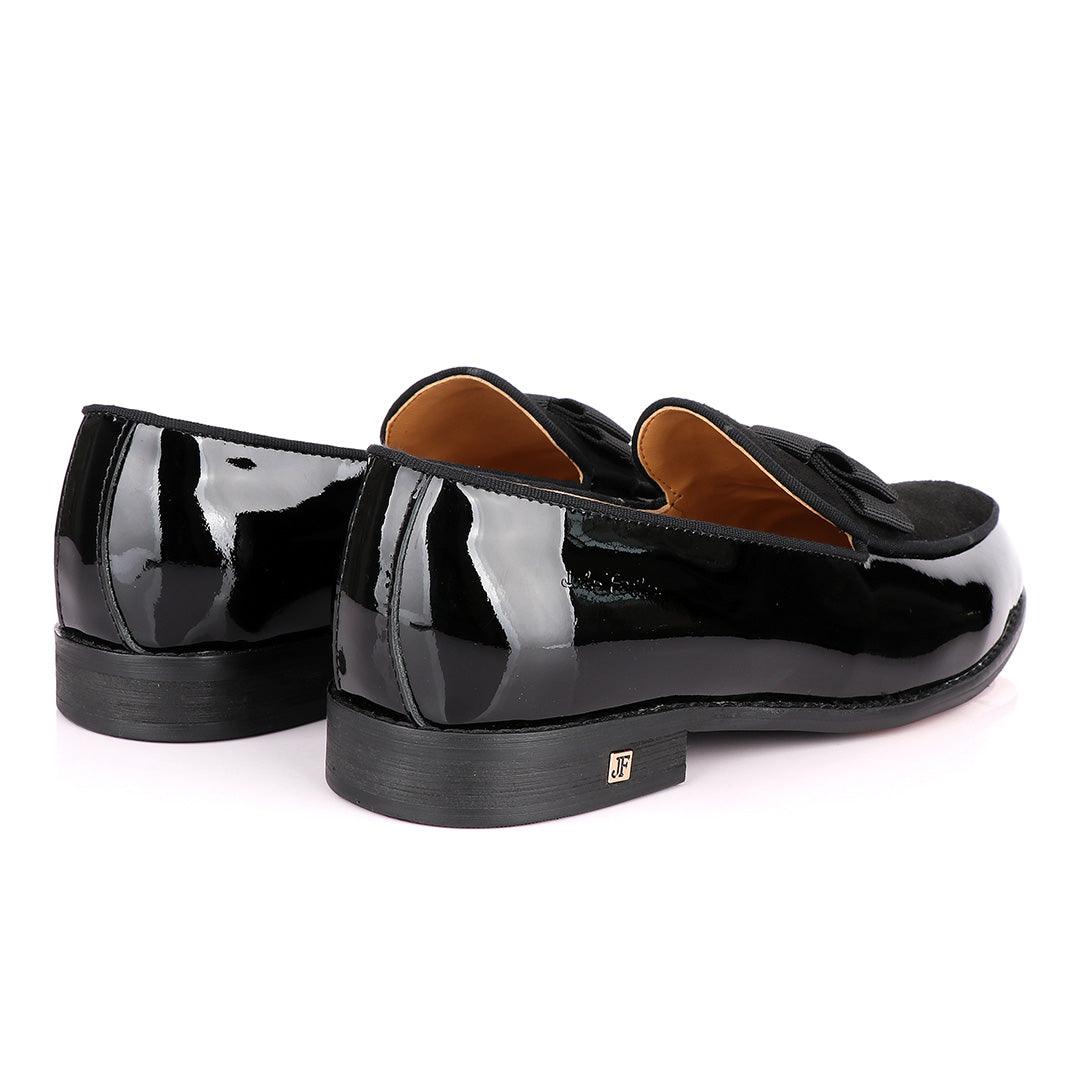 John Foster Black Patent Bow With Suede Loafers Shoe - Obeezi