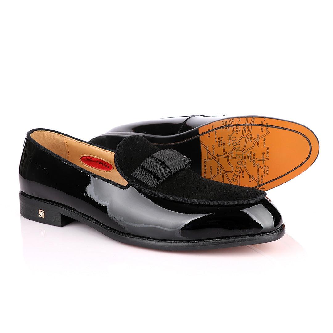 John Foster Black Patent Bow With Suede Loafers Shoe - Obeezi