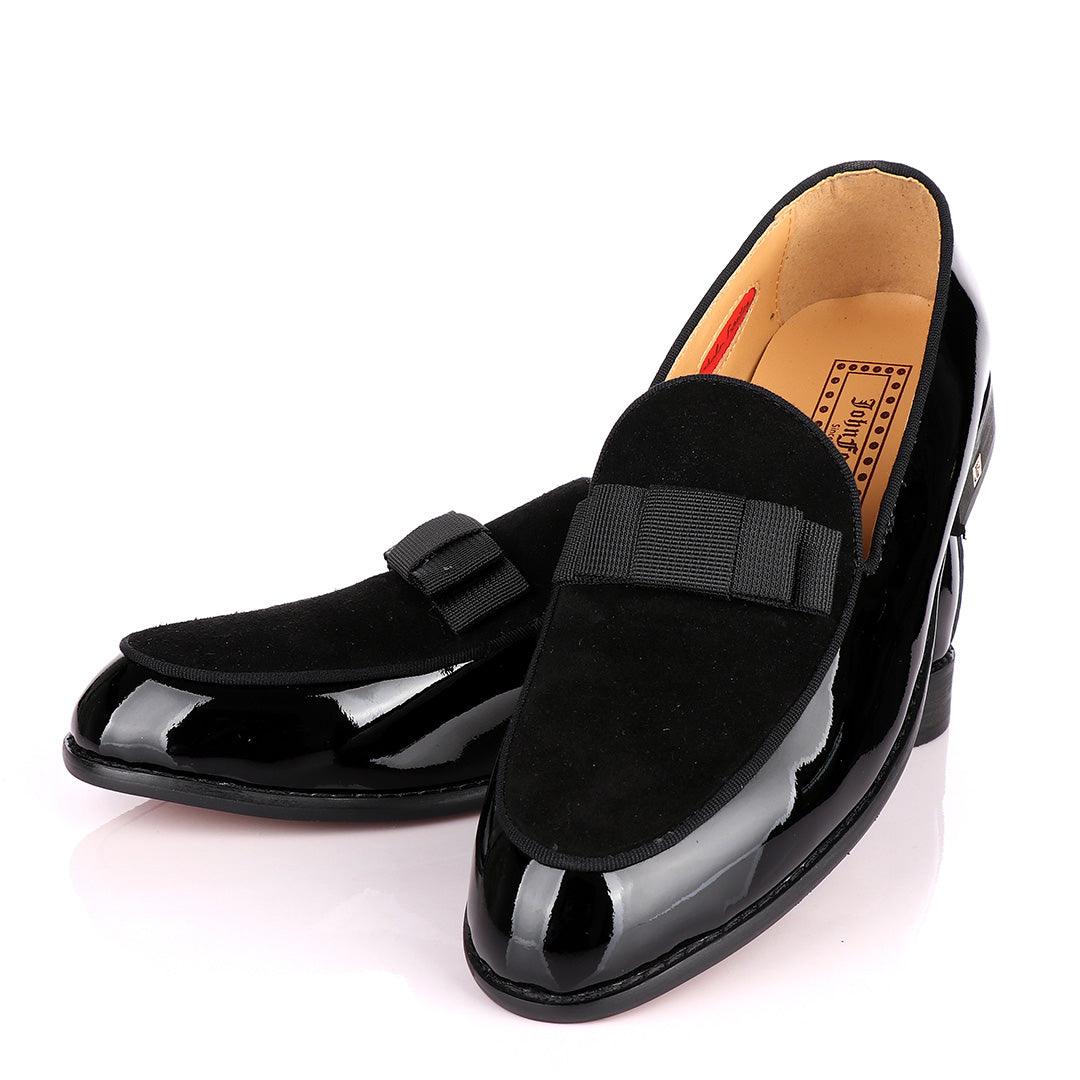 John Foster Black Patent Bow With Suede Loafers Shoe - Obeezi