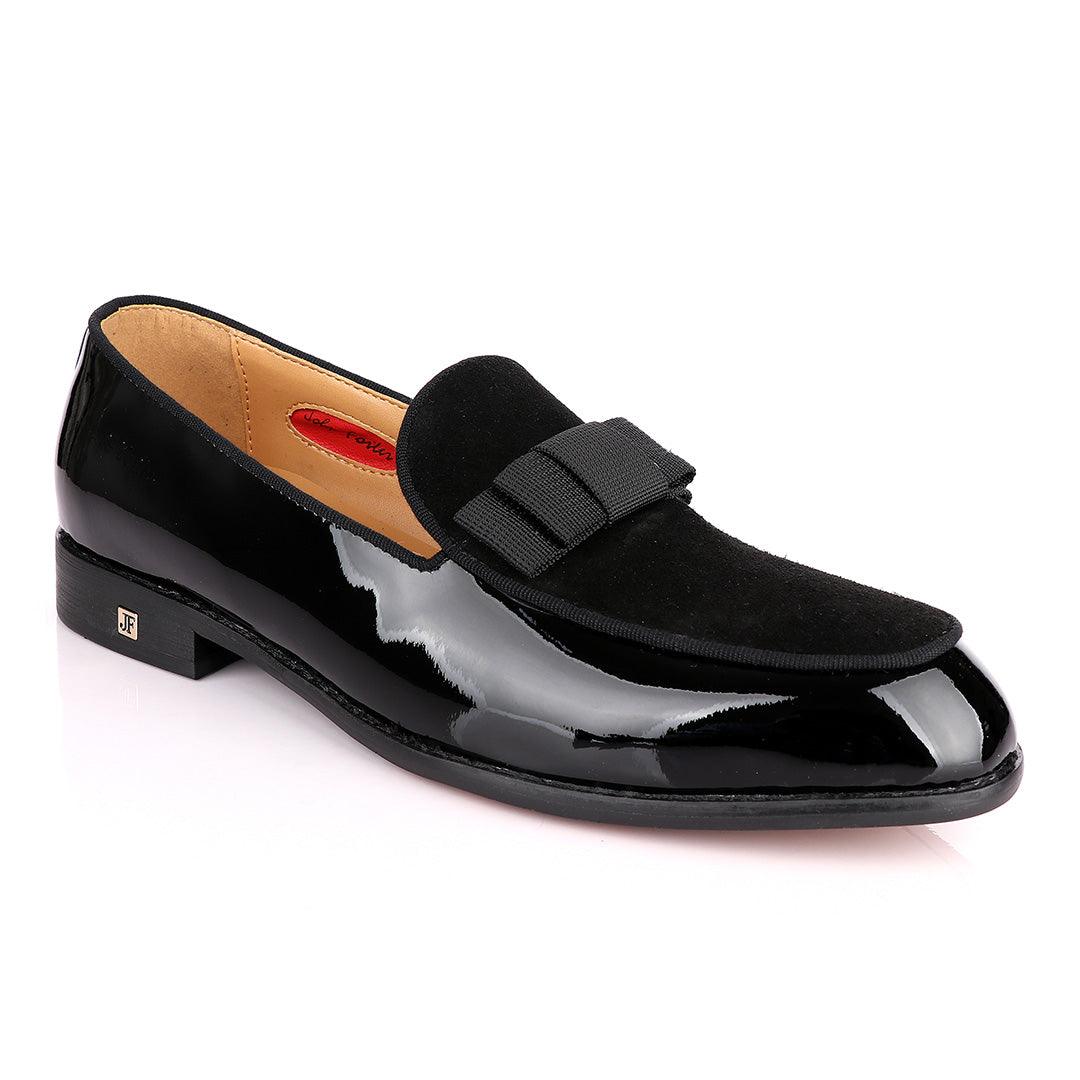 John Foster Black Patent Bow With Suede Loafers Shoe - Obeezi