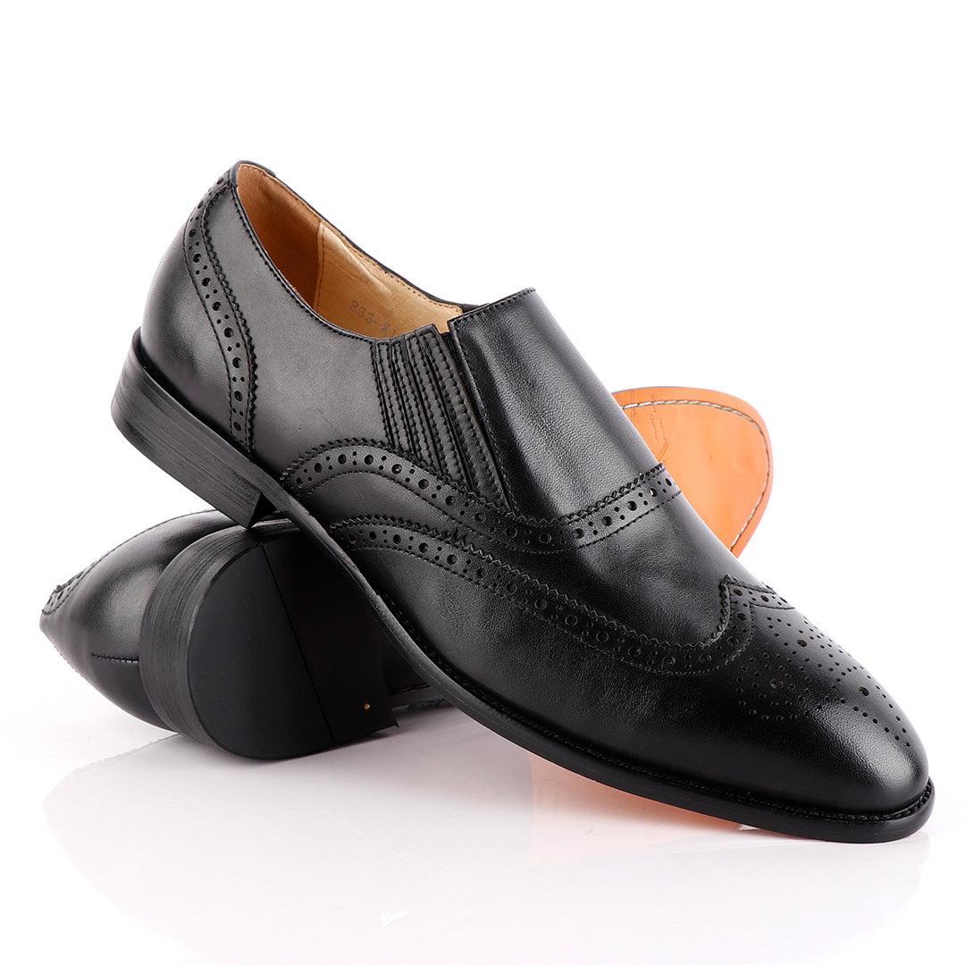 John Foster Black Shoe Brogue Slip On - Obeezi