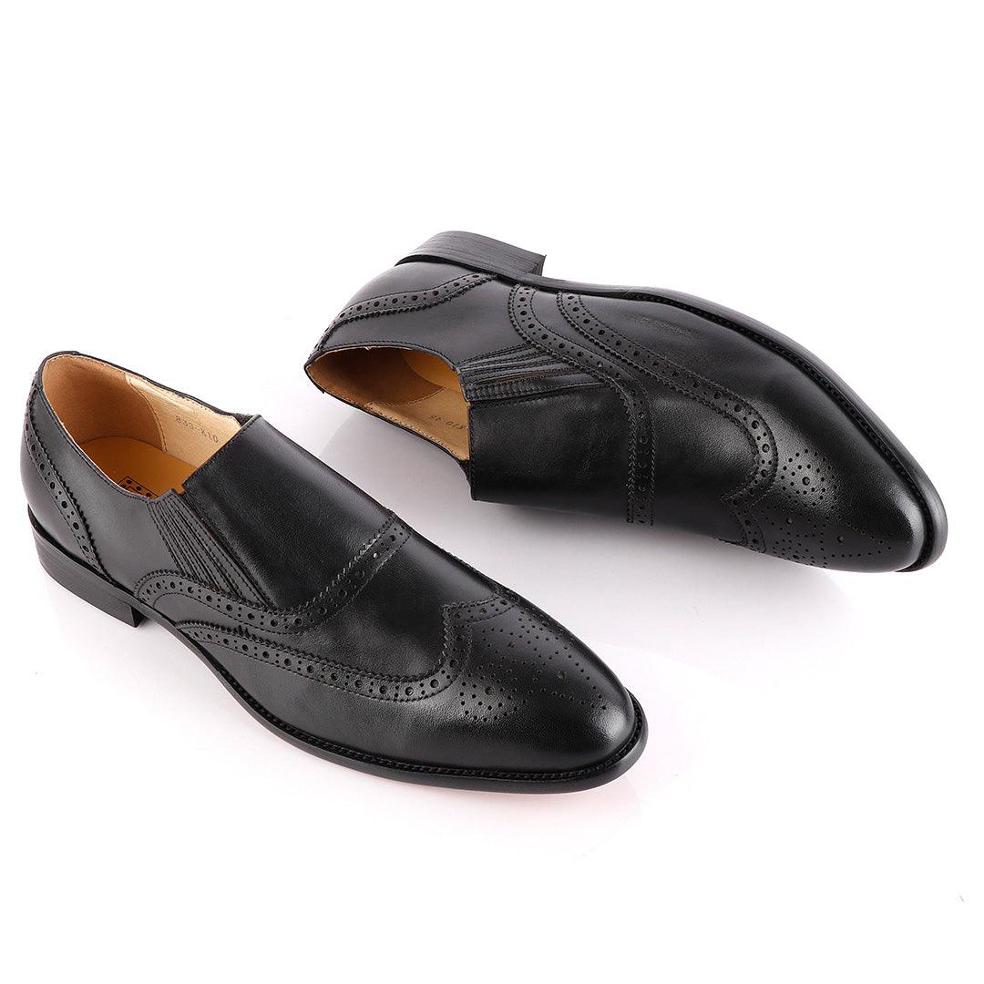 John Foster Black Shoe Brogue Slip On - Obeezi