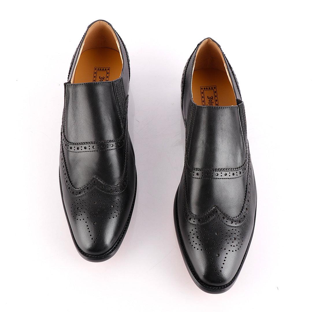 John Foster Black Shoe Brogue Slip On - Obeezi