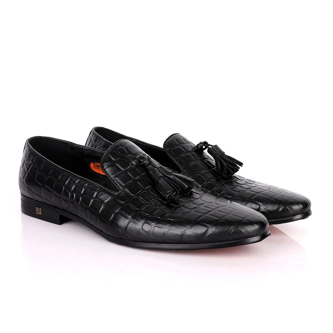 John Foster Block Design Leather With Tassel shoe- Black - Obeezi