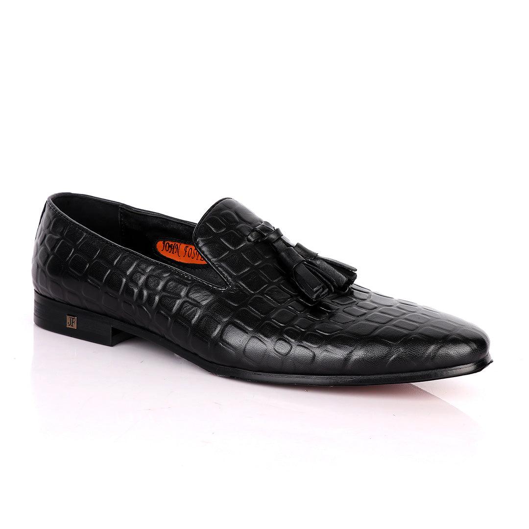 John Foster Block Design Leather With Tassel shoe- Black - Obeezi