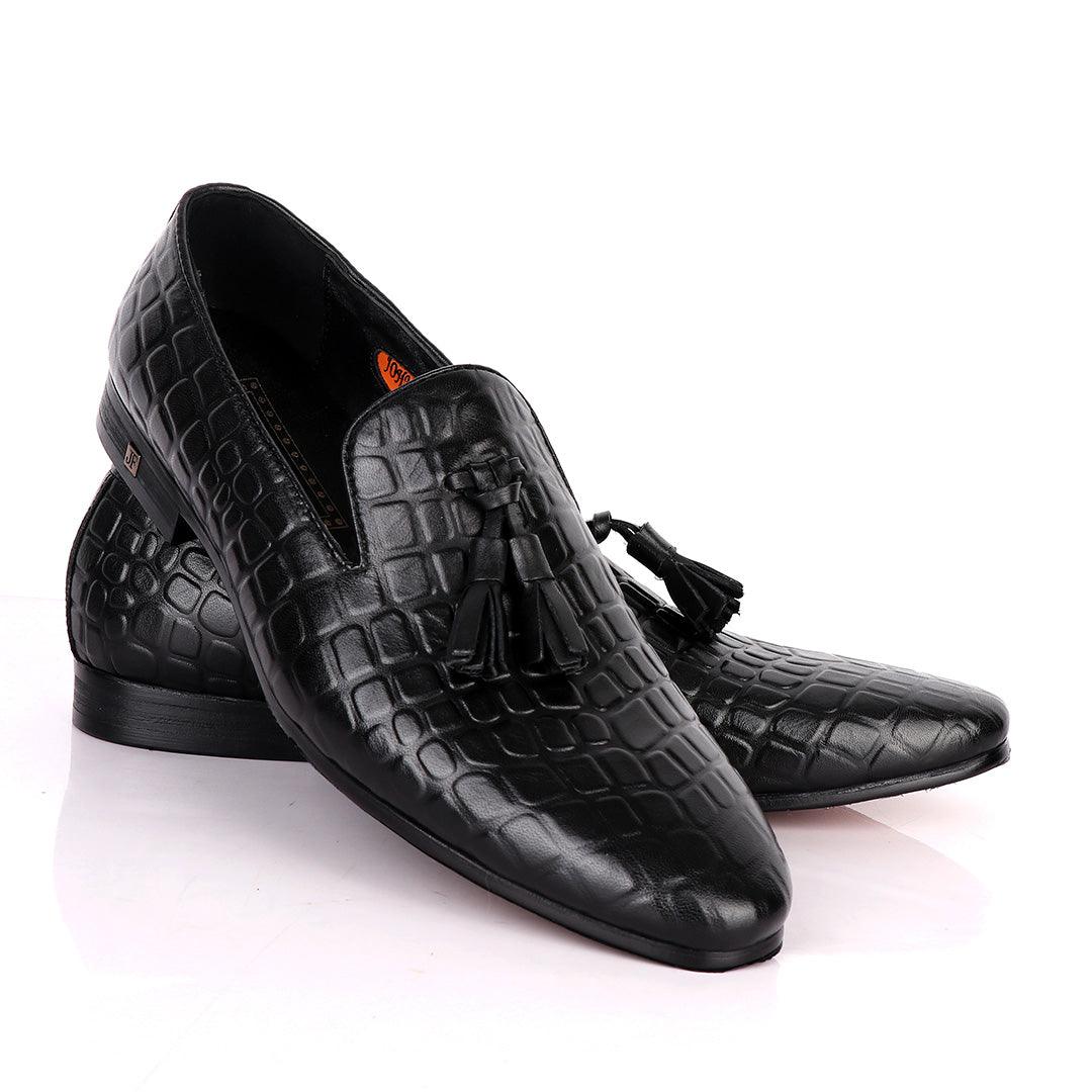 John Foster Block Design Leather With Tassel shoe- Black - Obeezi