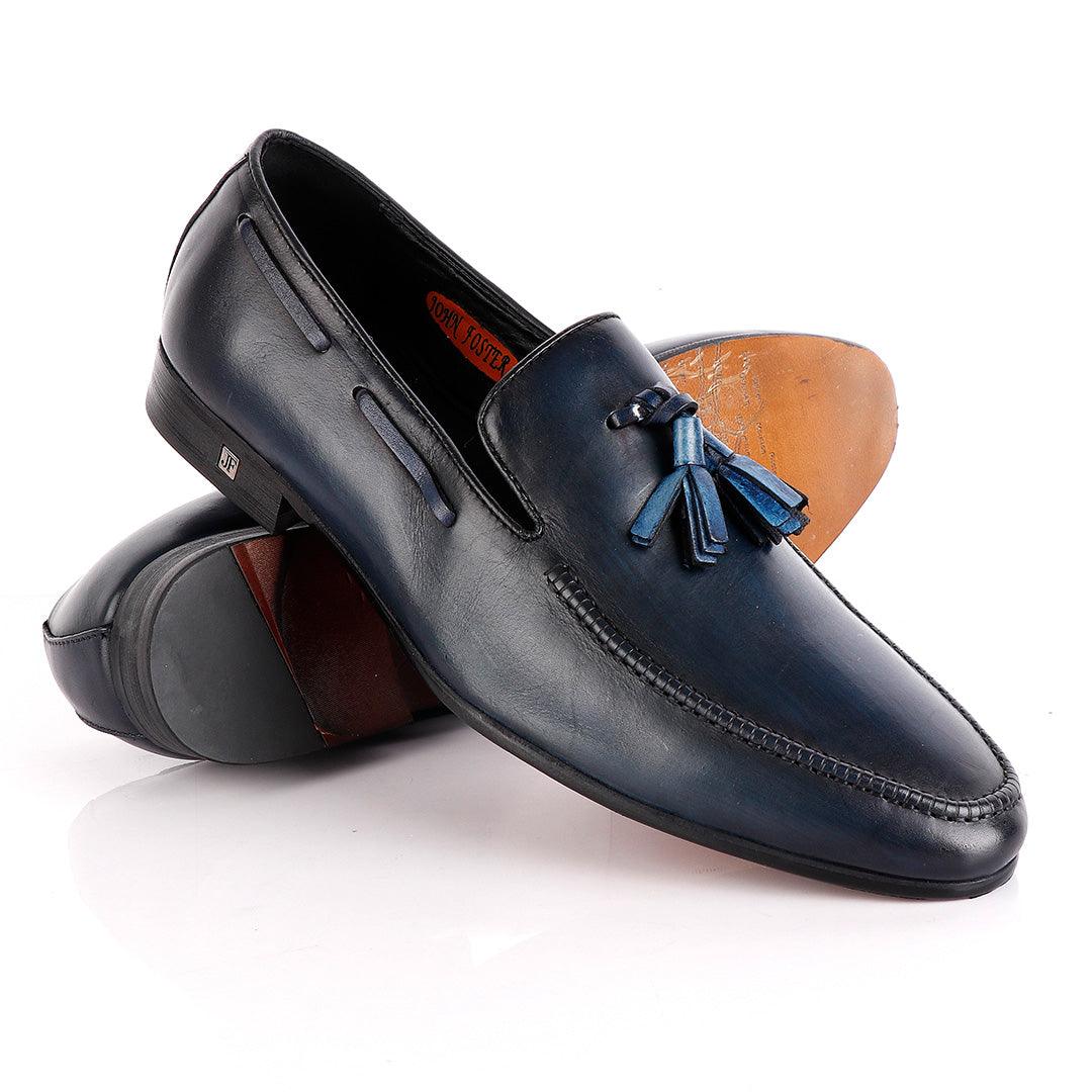 John Foster Blue Leather Slip on Tassel Shoe - Obeezi