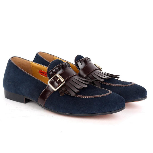 John Foster Blue Suede Leather Coffee Fringe Side Buckle - Obeezi.com