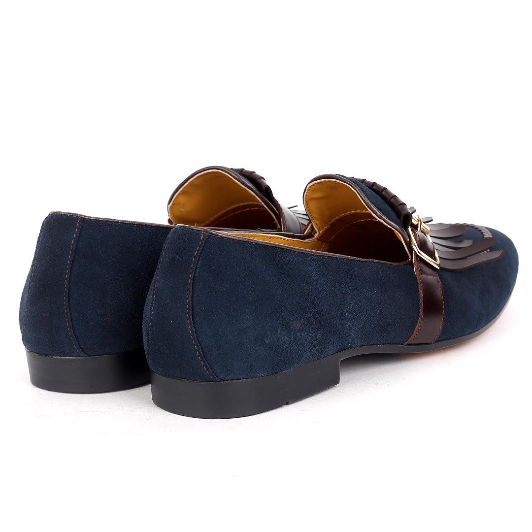 John Foster Blue Suede Leather Coffee Fringe Side Buckle - Obeezi.com