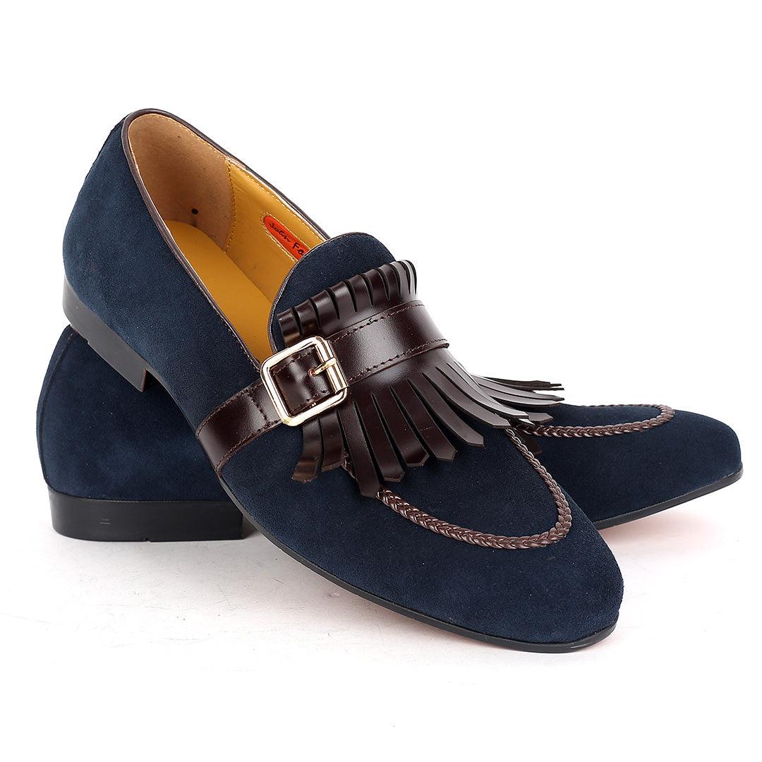 John Foster Blue Suede Leather Coffee Fringe Side Buckle - Obeezi.com