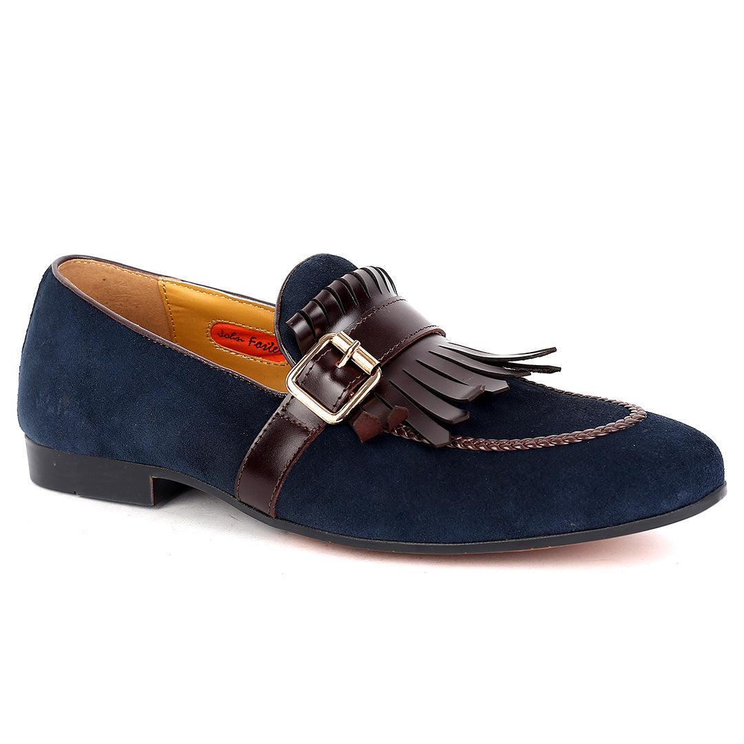 John Foster Blue Suede Leather Coffee Fringe Side Buckle - Obeezi.com