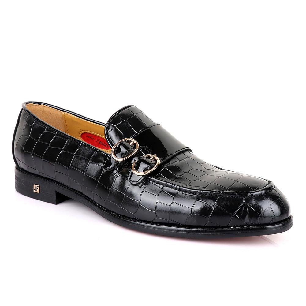 John Foster Bold Full Crocodile Black Leather Double Strap - Obeezi