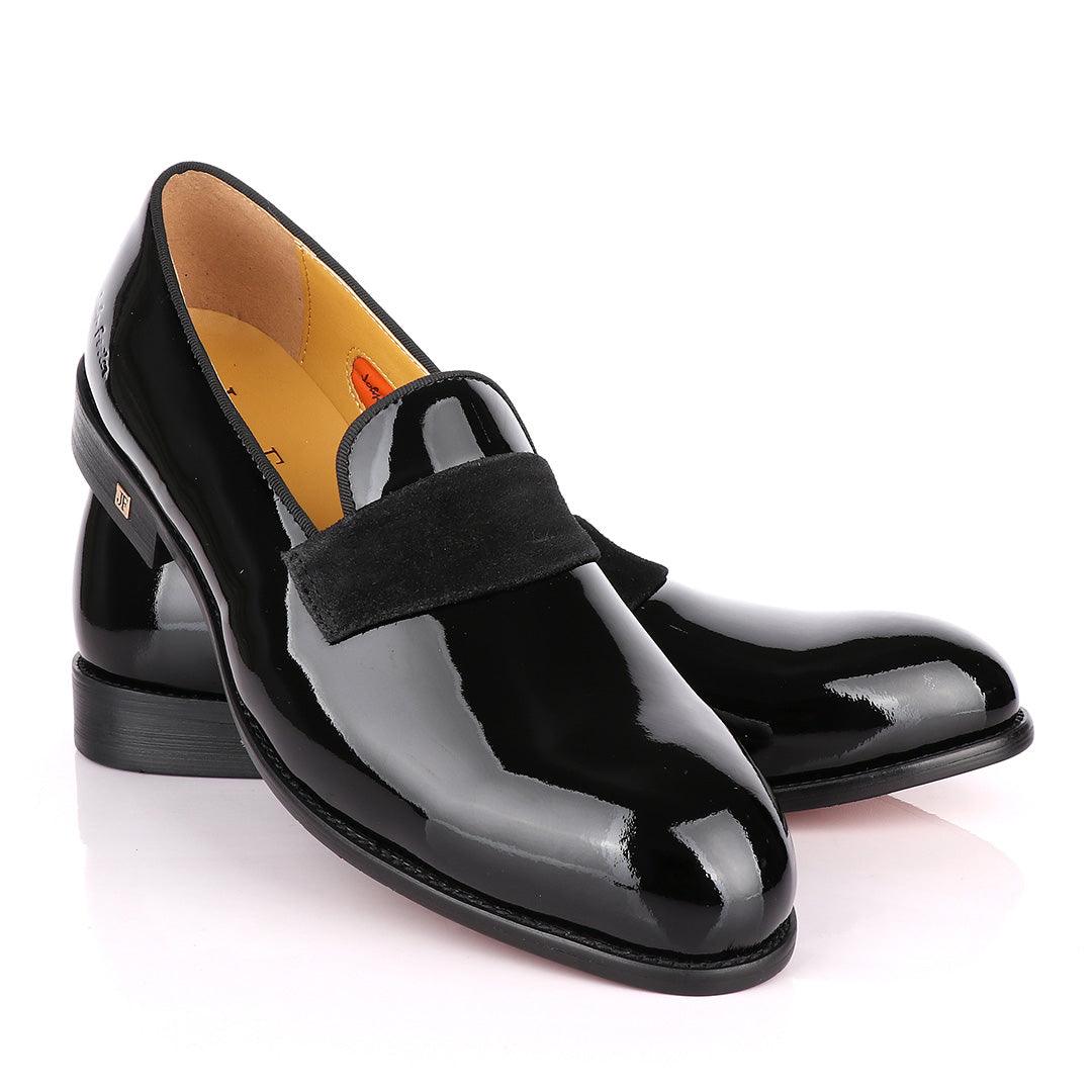 John Foster Bow Suede Patent Wetlips Black Loafers Shoe - Obeezi