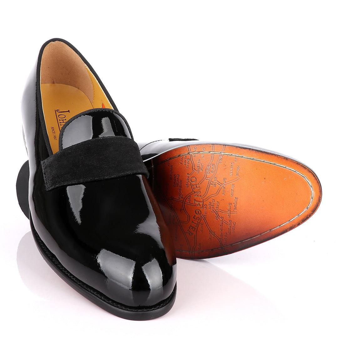 John Foster Bow Suede Patent Wetlips Black Loafers Shoe - Obeezi
