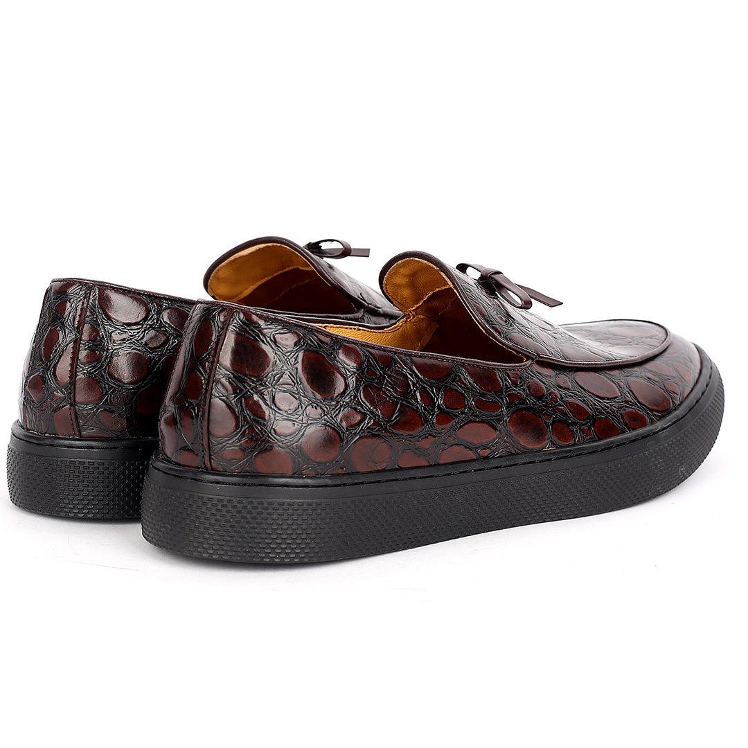 John Foster Brown Classic Croc Leather Loafers With Bow Front Design - Obeezi.com