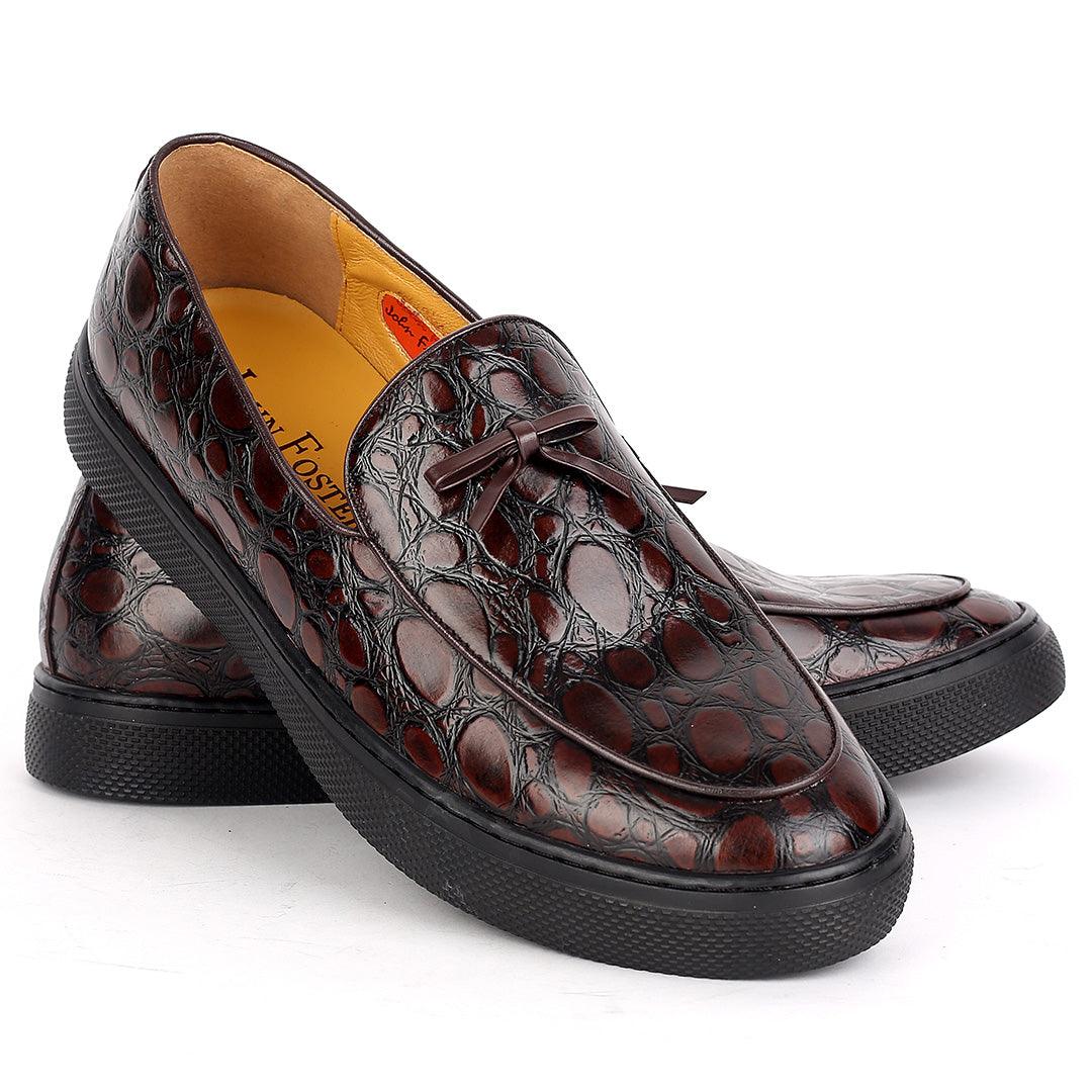 John Foster Brown Classic Croc Leather Loafers With Bow Front Design - Obeezi.com