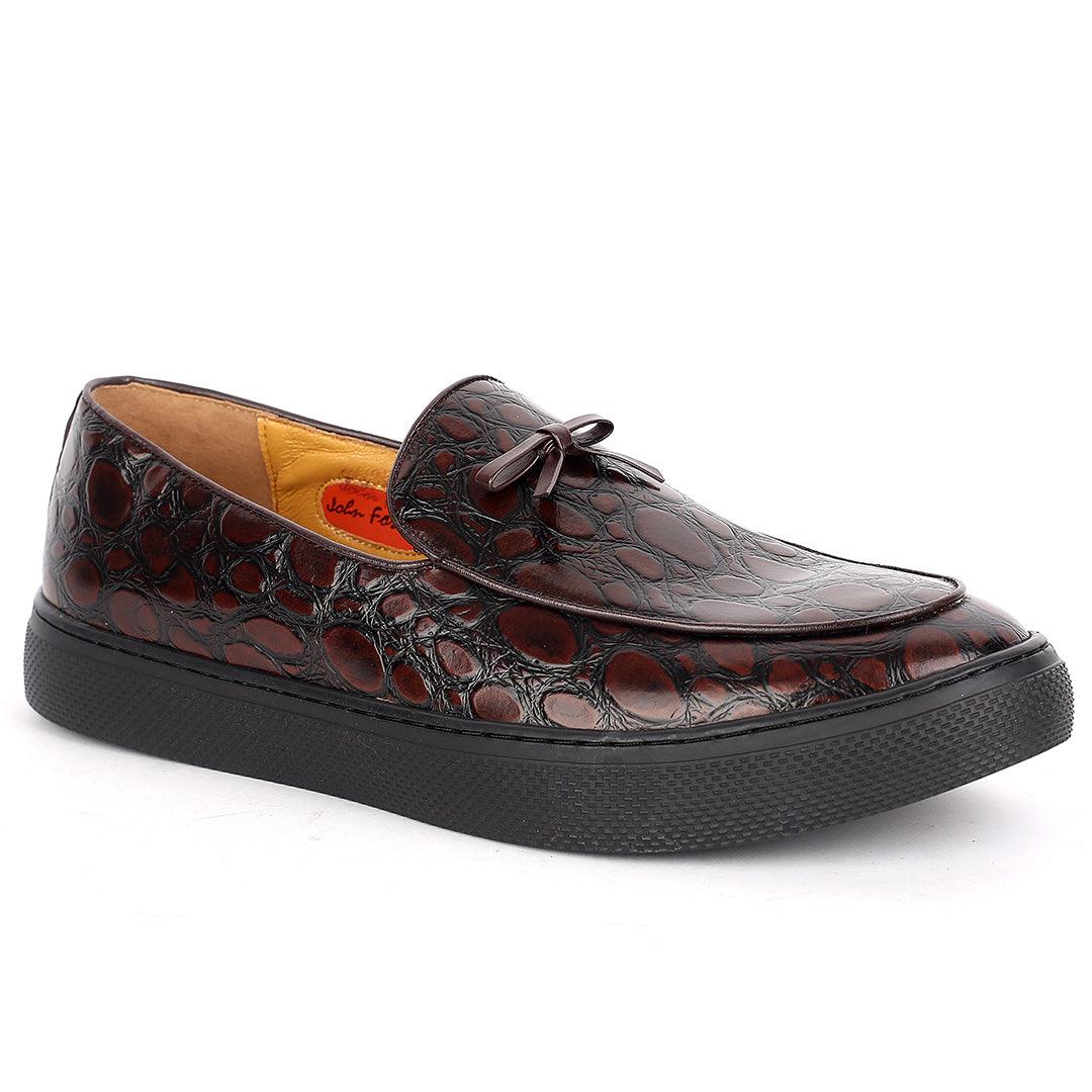John Foster Brown Classic Croc Leather Loafers With Bow Front Design - Obeezi.com