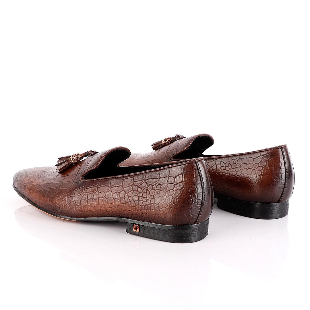 John Foster Brown Leather Croc Tassel Loafer - Obeezi