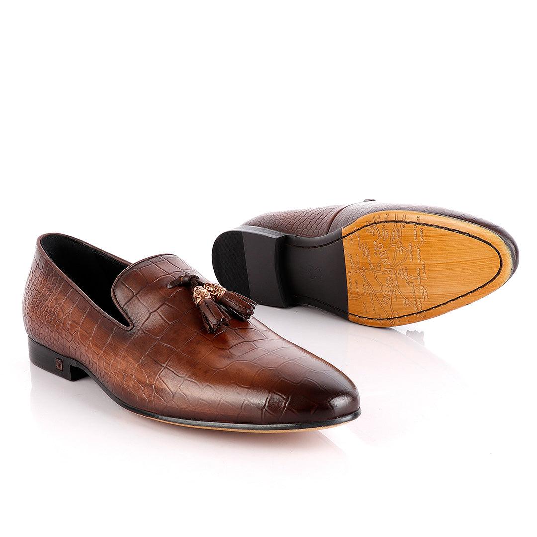 John Foster Brown Leather Croc Tassel Loafer - Obeezi