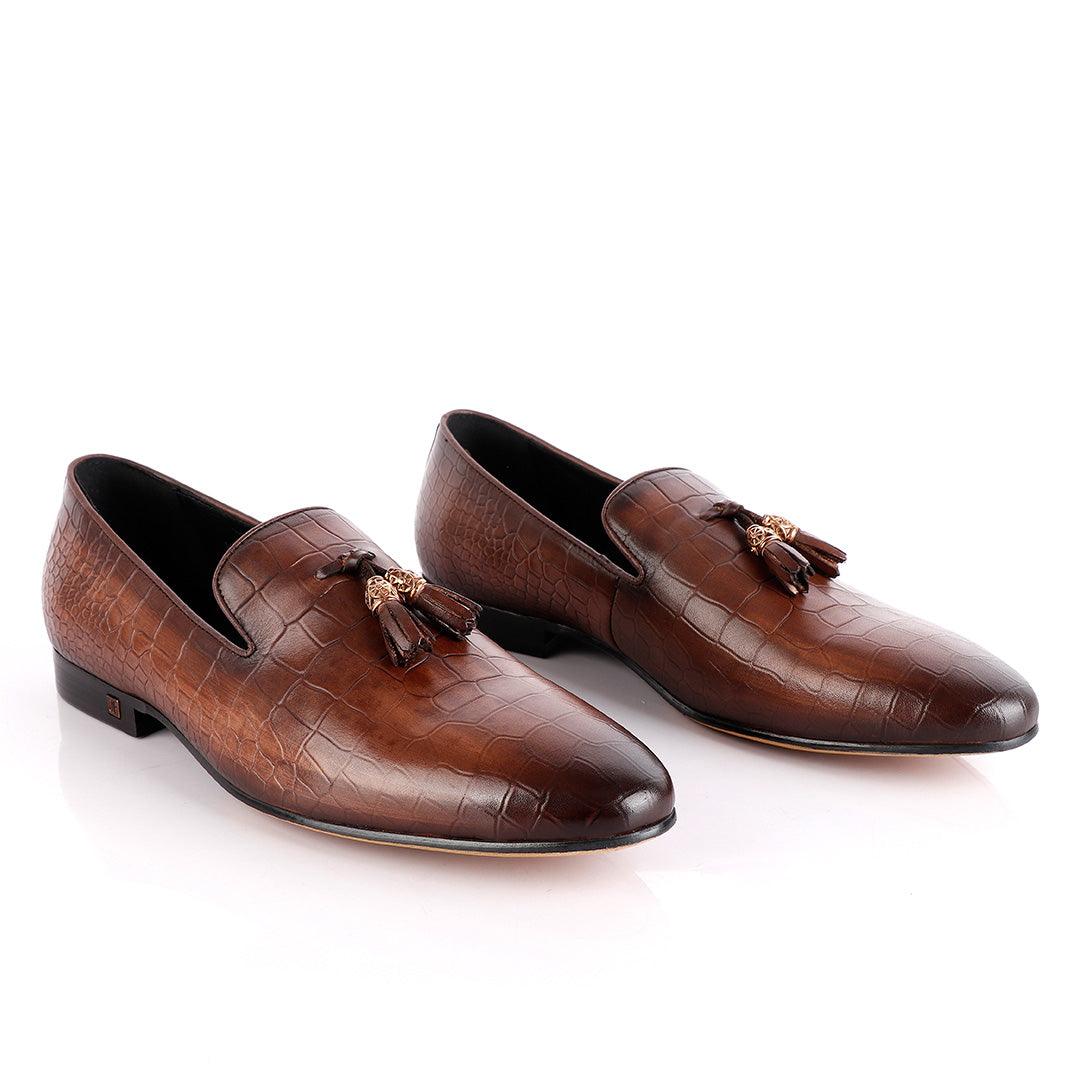 John Foster Brown Leather Croc Tassel Loafer - Obeezi