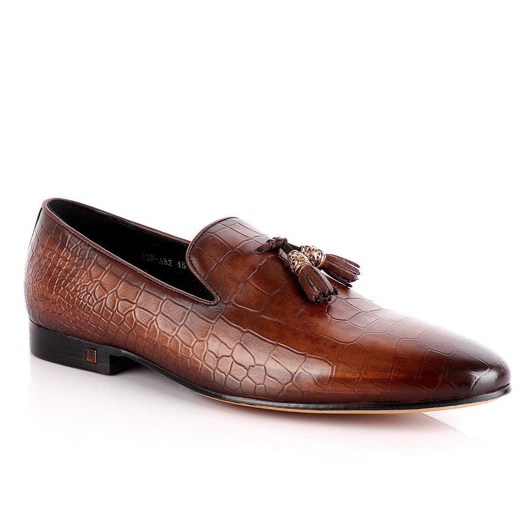 John Foster Brown Leather Croc Tassel Loafer - Obeezi