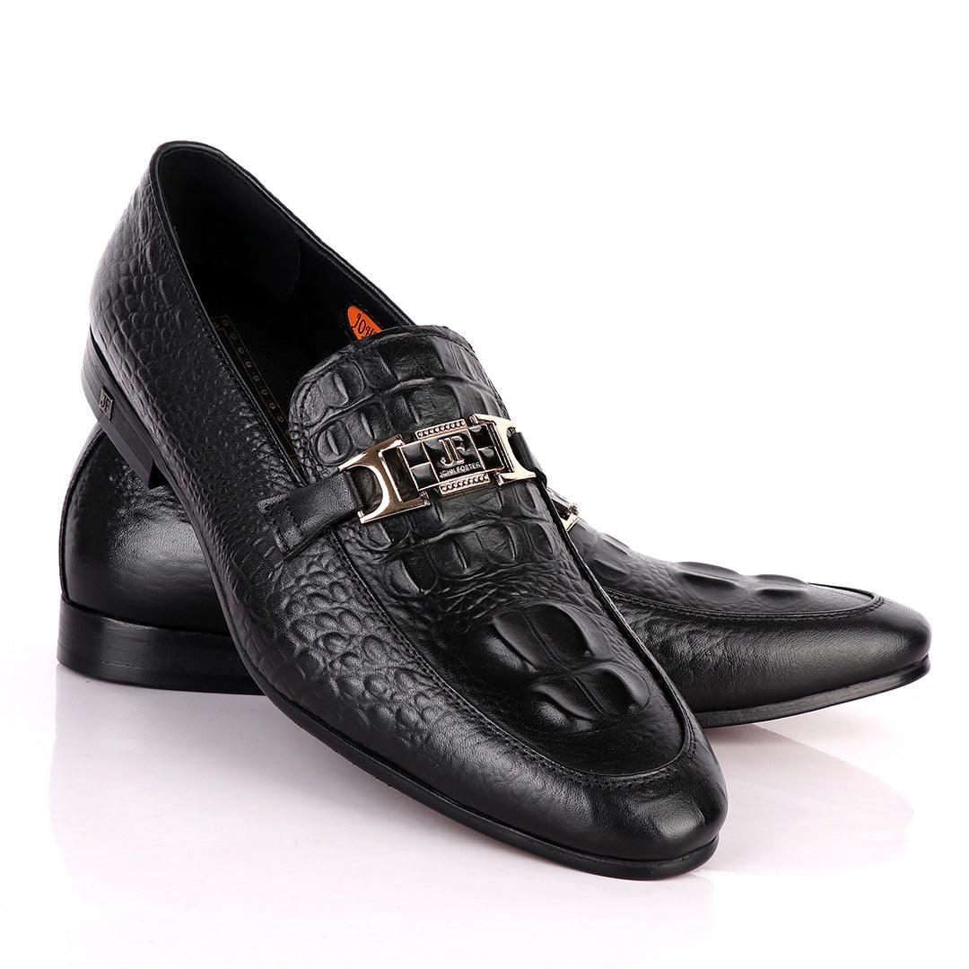 John Foster Chain Head Croc Black Leather Formal Shoe - Obeezi