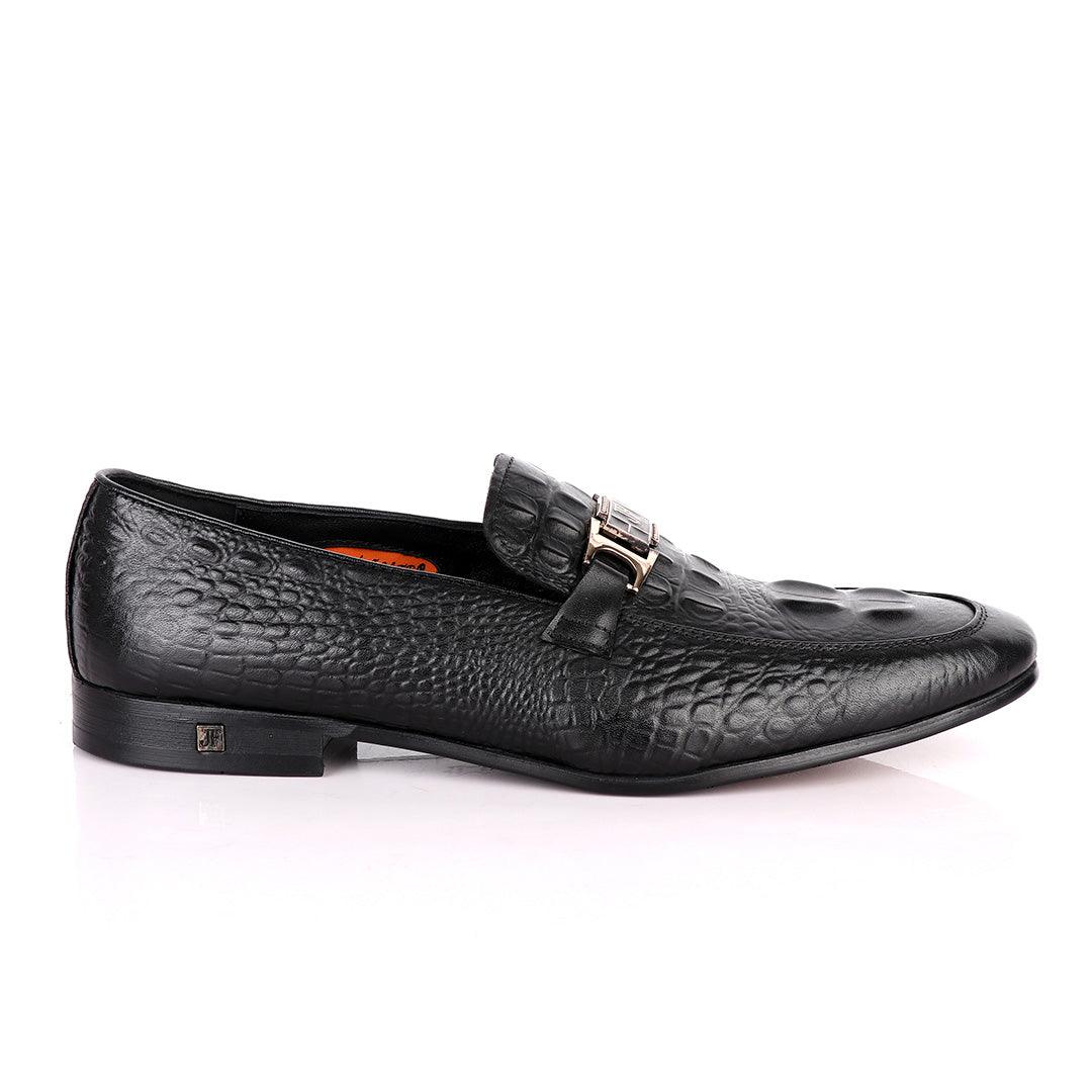 John Foster Chain Head Croc Black Leather Formal Shoe - Obeezi